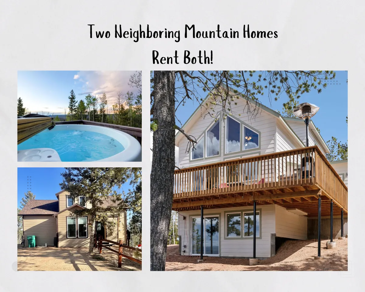 The hero image showcases two charming mountain homes side by side, nestled among evergreens with a spacious deck connecting the spaces. A steaming hot tub sits on the deck overlooking breathtaking mountain vistas, inviting groups to relax together while soaking up the view. The setup promises communal gatherings, outdoor dining, and memorable sunsets in a serene Colorado setting.
